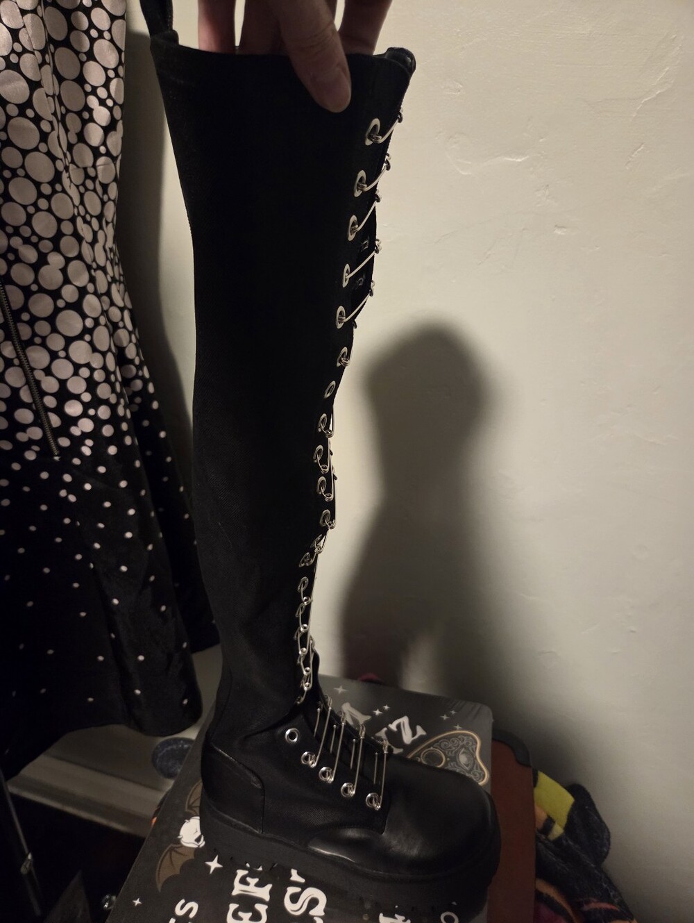 CURRENT MOOD Safety Pin Over-the-Knee Combat Boots Fabric Faux Leather Black 8